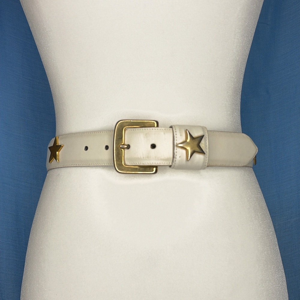 Vintage Avignon White Leather Star Studded Belt Gold Buckle Celestial Small